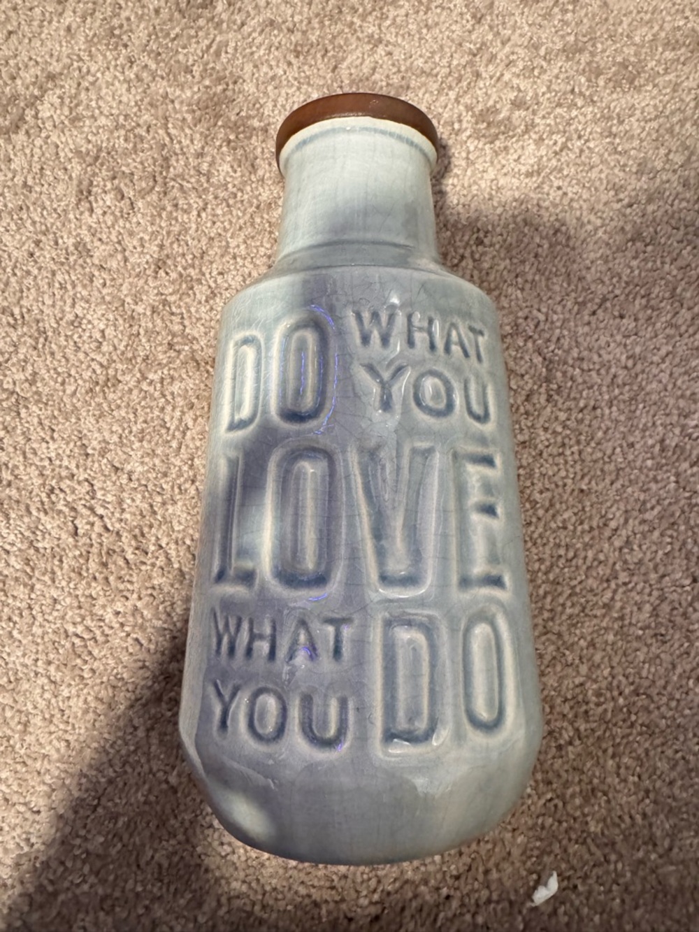 Boho Decorative Ceramic Bottle Vase - Light Blue with Brown Rim